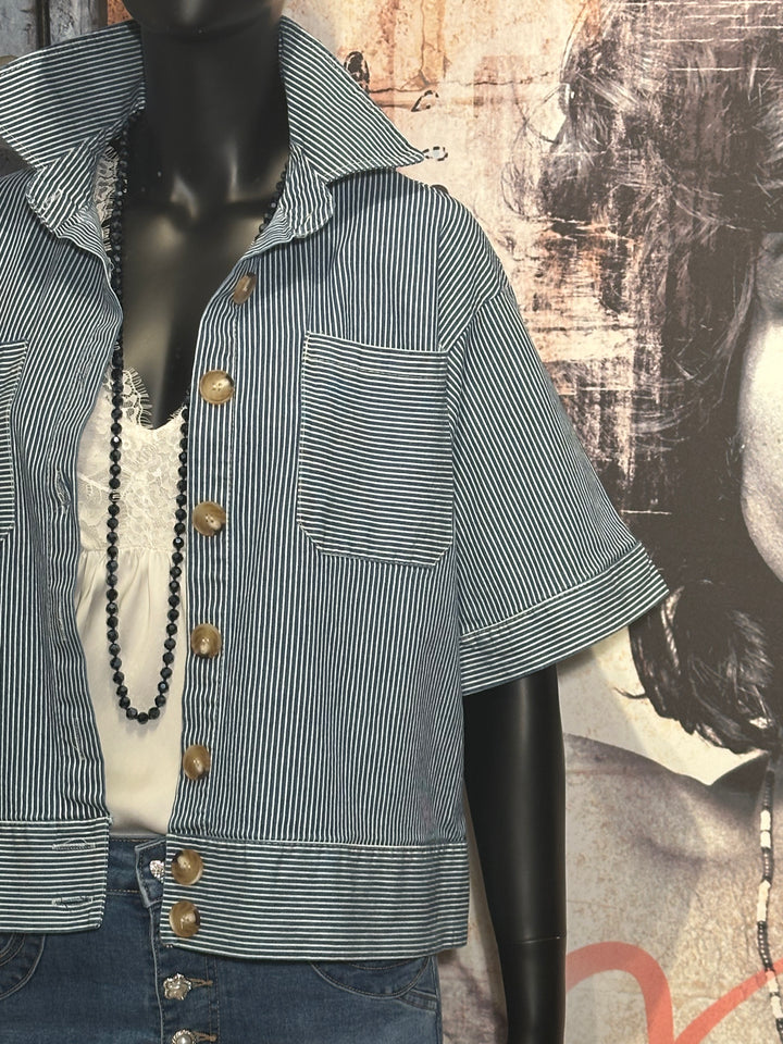 Jacke liniert Kurzarm medium blue & white