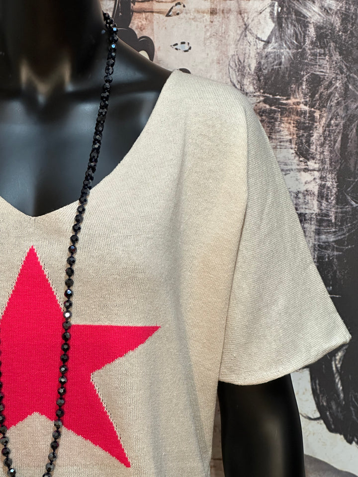 Feinmaschiges T-Shirt "Stern" Hellbeige