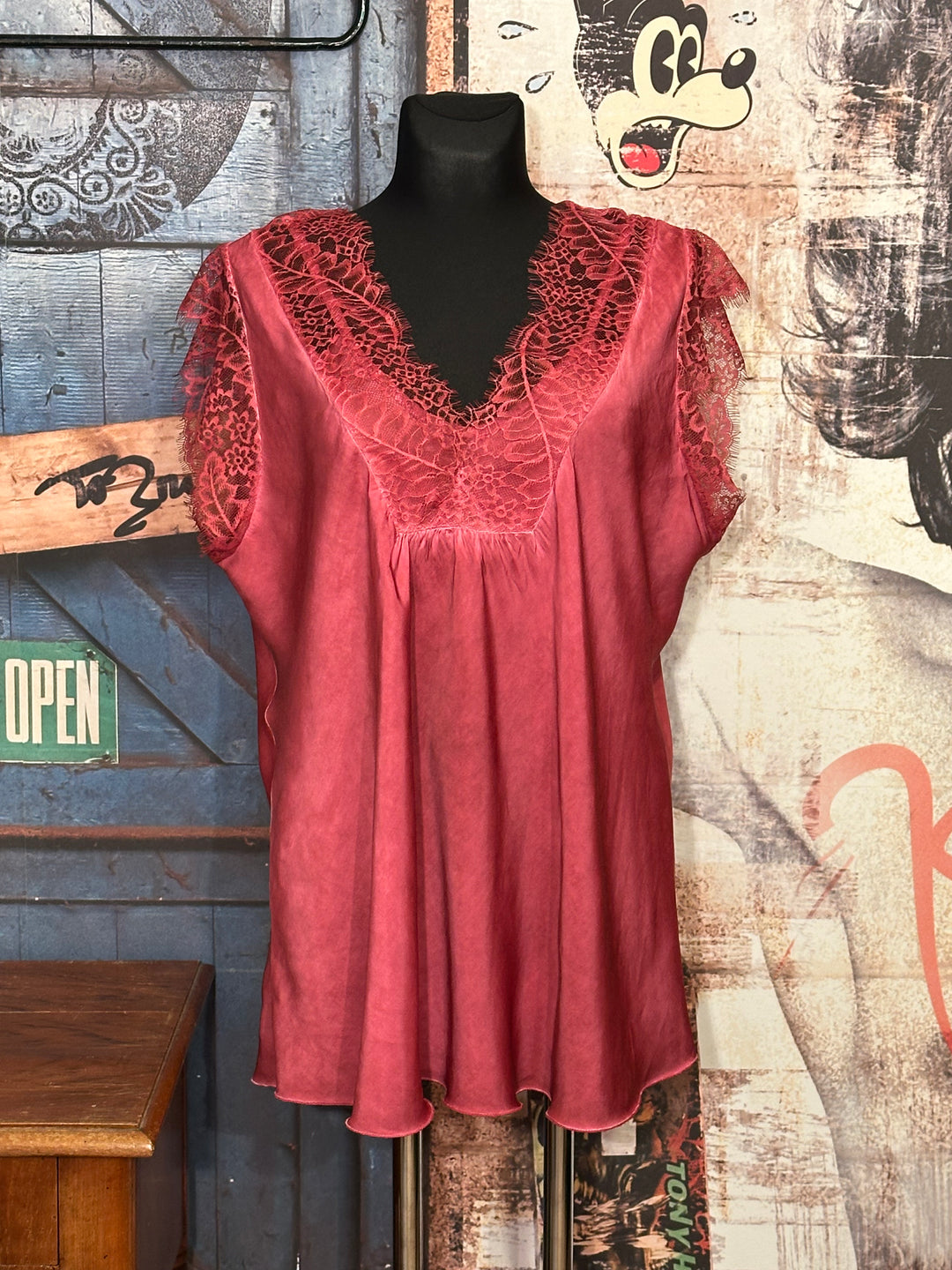 Top viscose & soie manches dentelle + SIZE bordeaux